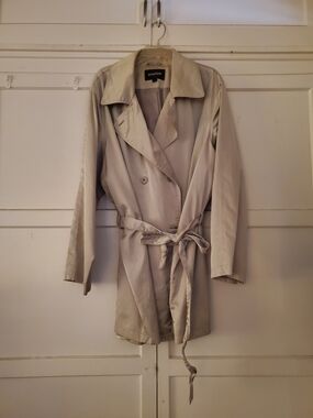Avenue Stone Gray Double-Breasted Tie-Waist Trench Coat